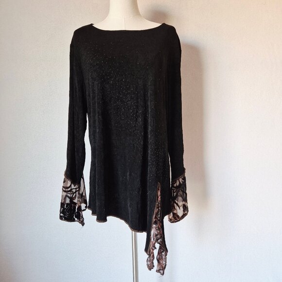 Vintage Spencer Alexis USA Slinky Beaded Asymmetrical Hem Top Long Sleeve Black - Picture 3 of 14